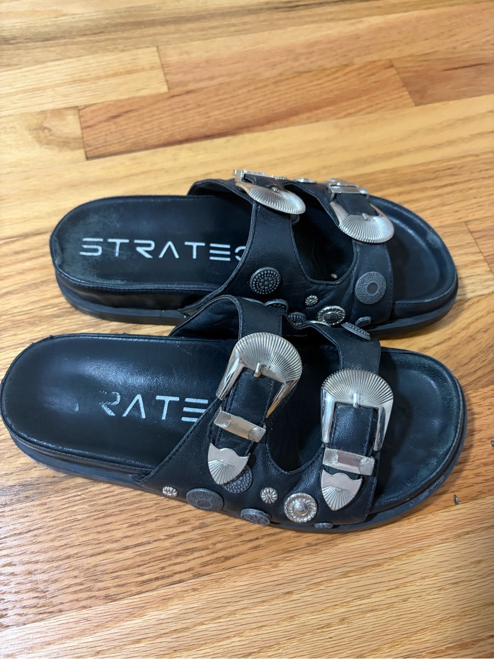 STRATEGIA Black Leather Slide Sandals with Silver Buckles